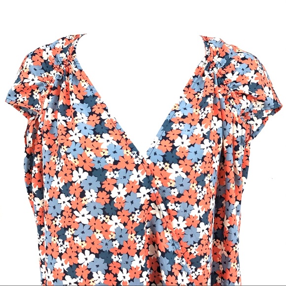 Michael Kors Blue Red Floral Print Cap Sleeve Top - Picture 2 of 7
